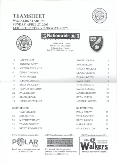 LEICESTER CITY v NORWICH CITY 27.04.03 NATIONWIDE TEAM SHEET