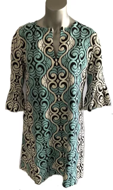 Elie Tahari Dress Women's Small Aqua Paisley Short Shift Silk 3/4 Bell Sleeves