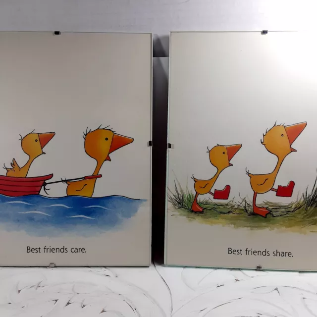 De colección 2 estampados enmarcados arte para niños patos de dibujos animados mejor amigo cuidado y comparte