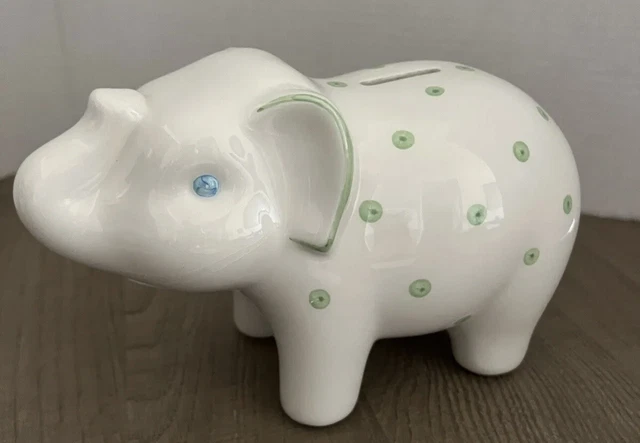 Tiffany & Co White Green Polka Dot Ceramic Hand Painted Piggy Bank Italy No Box