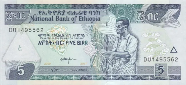 Ethiopia 5 Birr Bill Note. Single 2009/2017 Ethiopian Uncirculated Banknote