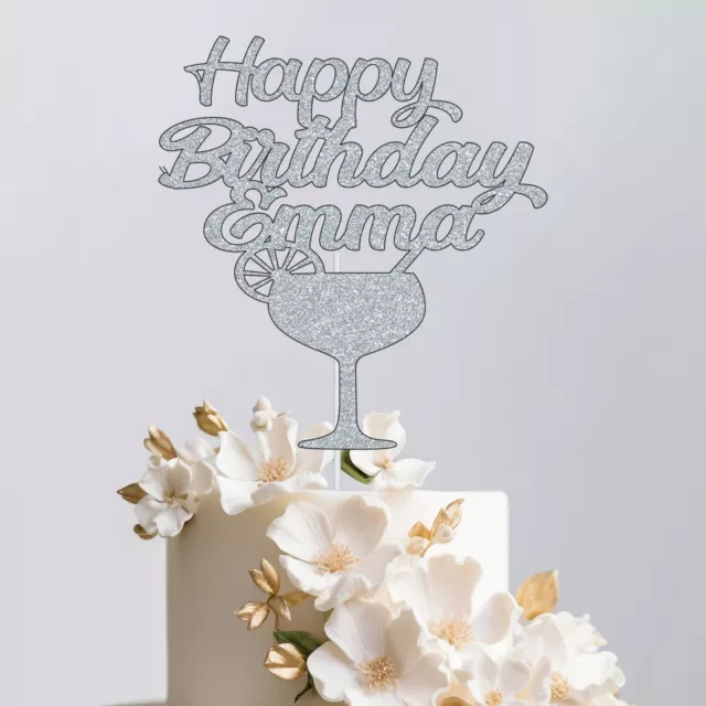 Personalised Cocktail Glass Glitter Cake Topper Any Name Party Decoration