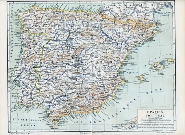 Spanien & Portugal 1889 orig. Karte + Lex.-Text España Barcelona Murcia Badajoz