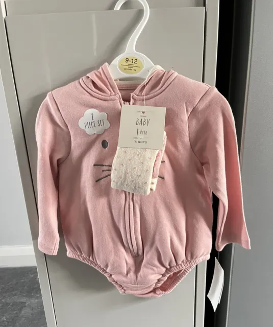 George Baby Girls Pink Bunny Hooded Romper & Tights Set Age 9-12 Months NEW