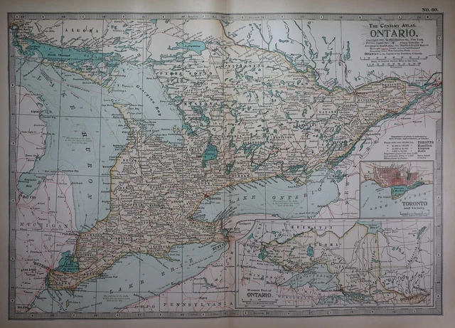 Old 1902 Century Atlas Map ~ ONTARIO, CANADA ~ (12x16) -#1186