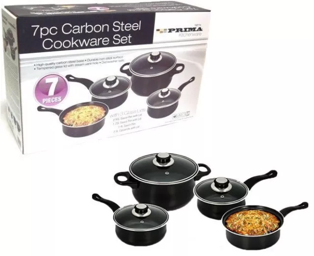 7Pc Cookware Set Steel Pan Pot Carbon Non Stick Saucepan Glass Lid Kitchen Fry