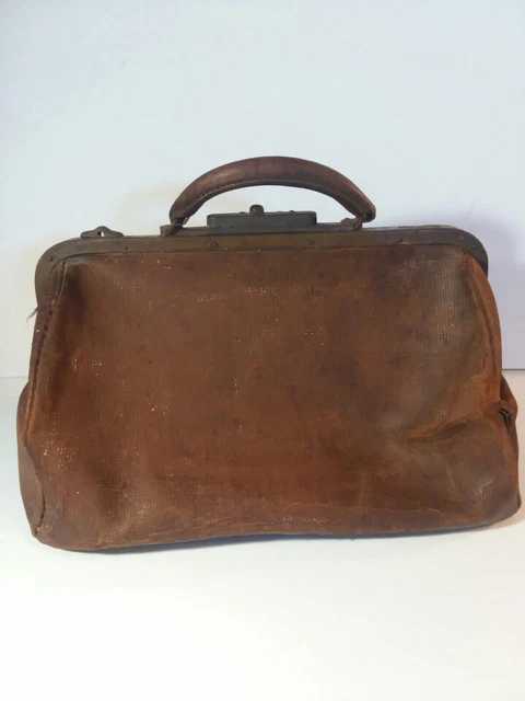 Vintage Antique Brown Leather Doctors Medical Tool Bag age Very Old.