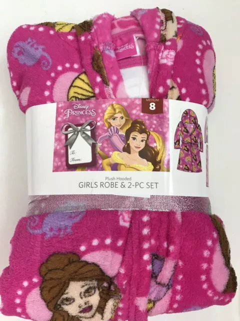 NWT Disney Princess Girls’ Size M (8) Plush Hooded Robe & 2 Pc Set