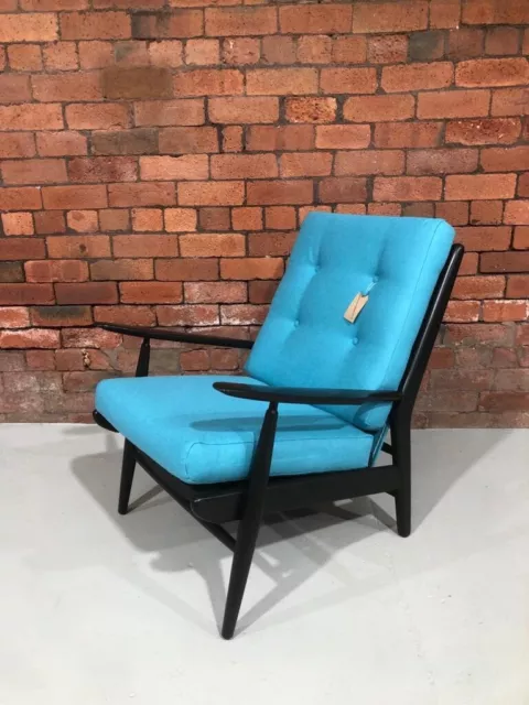 Stunning Vintage Mid Century 1960S Scandart Elm Lounge Chair In Blue Wool Fabric