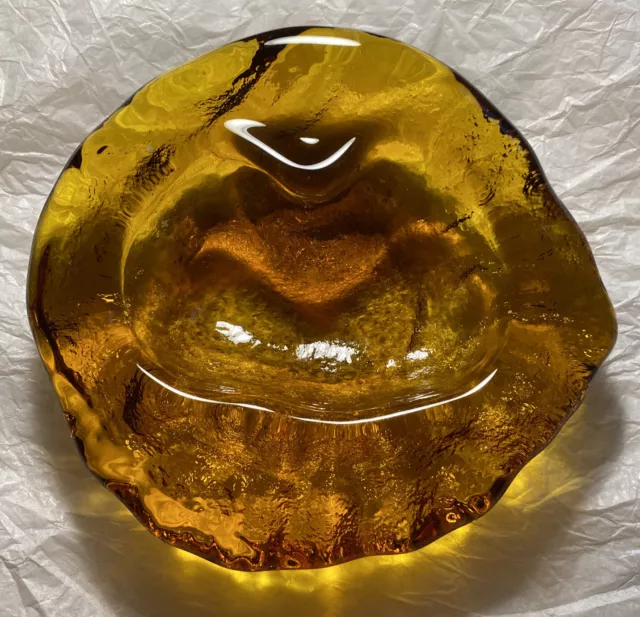 Vintage Blenko Art Glass Ashtray Trinket Dish 7" Amber Freeform Mid Century