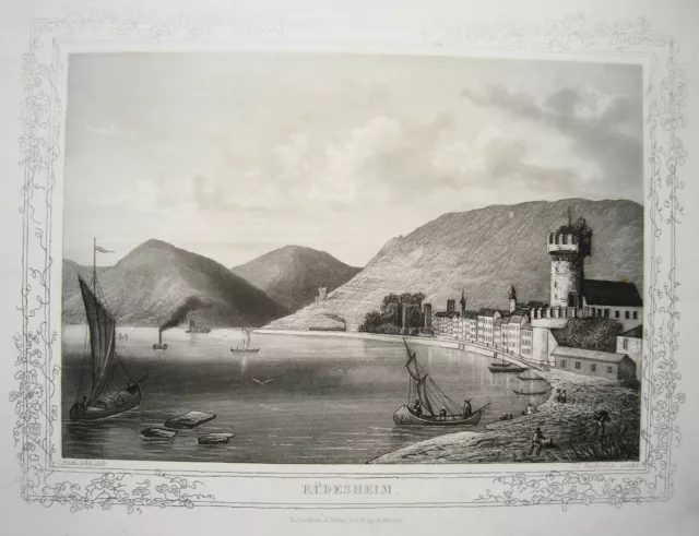 Rüdesheim Rhein Brömserburg alte wunderschöne Aquatinta mit Weinbordüre  1840