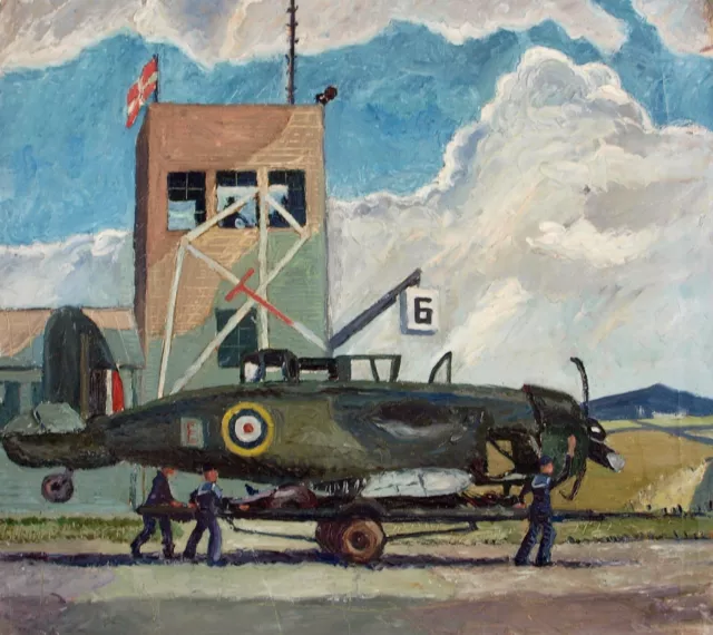 John Hornbuckle HMS Condor. Oil painting Airfield landscape  WWII Naval aviation