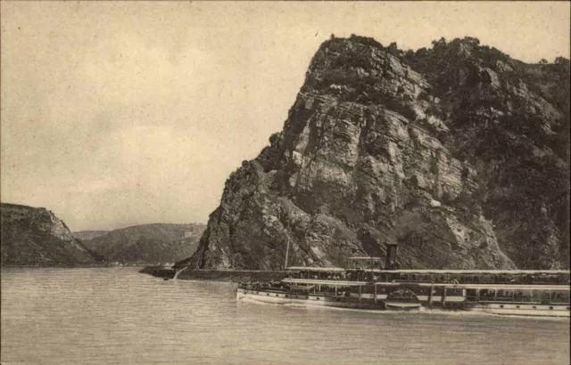 Rhein & Schiffe ~1910 Ship Schiff Dampfer Fahrgastschiff Felsen Loreley (Lurlei)