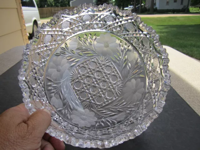 Stunning Antique Large Cut Glass 5 Pound Bowl File Buttons & Blocks Pattern