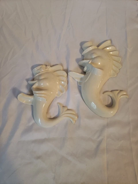 Vtg Arnels Anthropomorphic Fish Seahorses Ceramic Wall Plaques  White
