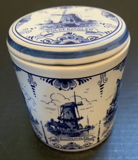 Delft Blue Windmill Hand Painted In Holland Canister Jar & Lid Vintage 1991