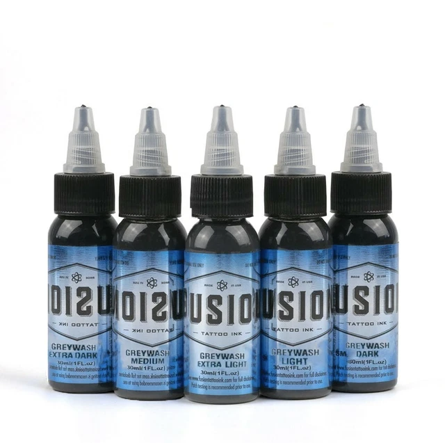 Greywash Set - FUSION Premium Tattoo Inks of 5 Shading Tones 1 oz 30 ml Bottle