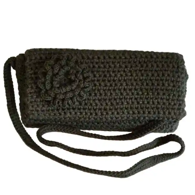 Crocheted Crossbody Purse with Floral Rosette Hand Knitted Flap Closure