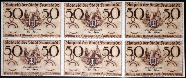 FRAUSTADT / WSCHOWA Uncut Specimen Sheet! 6x50 Pfennig German Notgeld Posen