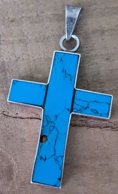 BEAUTIFUL MEXICAN ENAMELLED SOLID SILVER PENDANT CROSS CRUCIFIX 2 inches