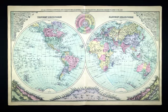 1879 OW Gray World Map Mountains River America Europe Asia Africa Australia Time