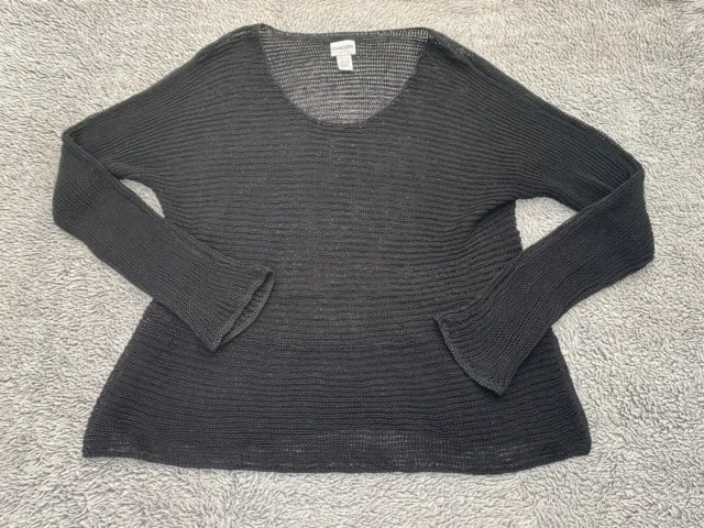 Chico’s Sweater Womens 0 XS Black Linen Long Sleeve Open Knit Pullover Top