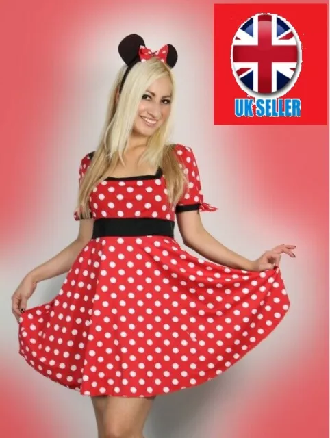 Abito sexy donna Halloween donna Minnie topo ROSSO fantasia costume a pois M L