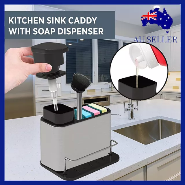 Kitchen Soap Dispenser Sponge Brush Holder Sink Caddy Organiser With Pump Liquid