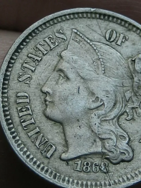 1868 Three 3 Cent Nickel- VF/XF Details, Die Crack/Break