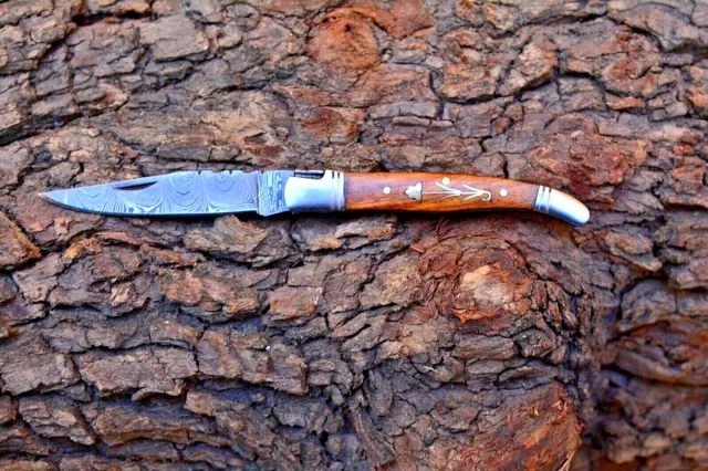 Handmade custom Folding Knife Wood camping hunting Damascus steel with Cover