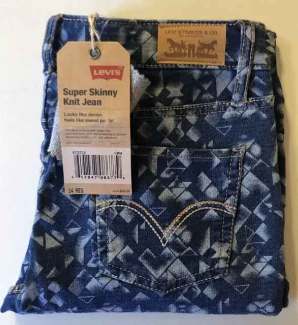 Levi’s Super Skinny Knit Jean Youth 14 Reg Blue Denim Geometric Stretch MSRP $40