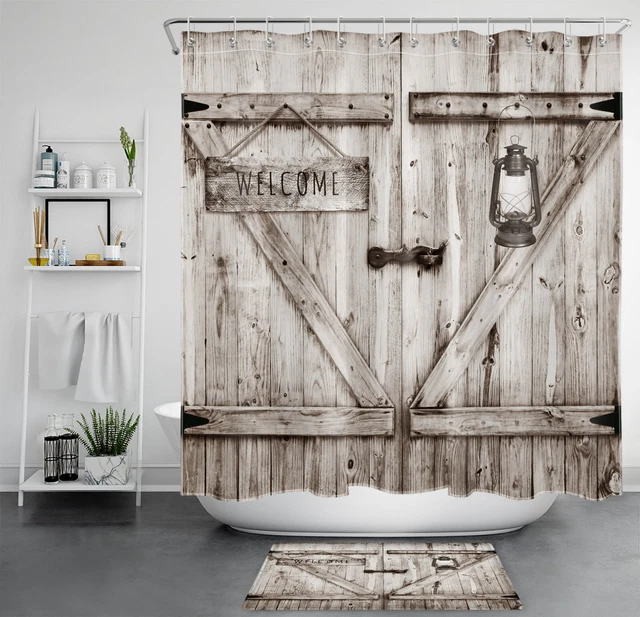 Farmhouse Brown Rustic Wood Barn Door Shower Curtain Set for Bathroom Decor