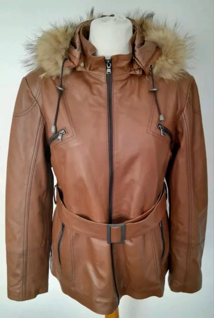 AVIATRIX - REAL LEATHER Belted Hooded Coat Jacket TAN Soft Size 16 - STUNNING