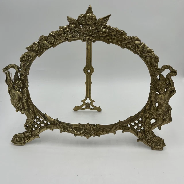 Gilded Metal Angel Cherub Round Standing Frame Gold Color Vintage Antique