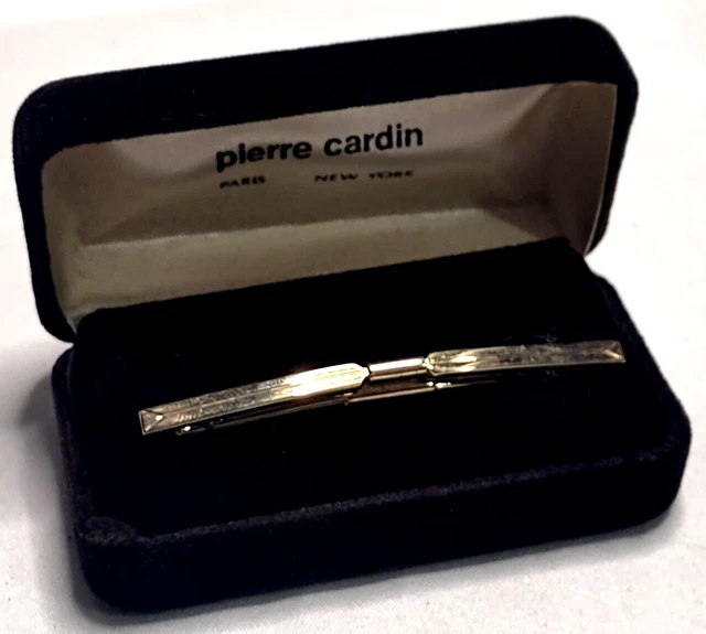 Pierre Cardin Collar Tie Bar Clasp Clip Gold Tone VTG 2.5" Original Velvet Box