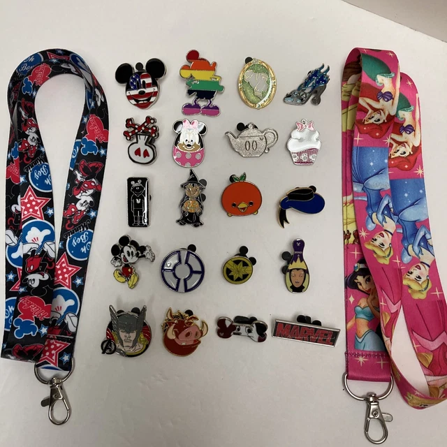 Disney Trading Pins Lot 20 + 2 NEW Mickey/Minnie & Princess Lanyards Starter Set
