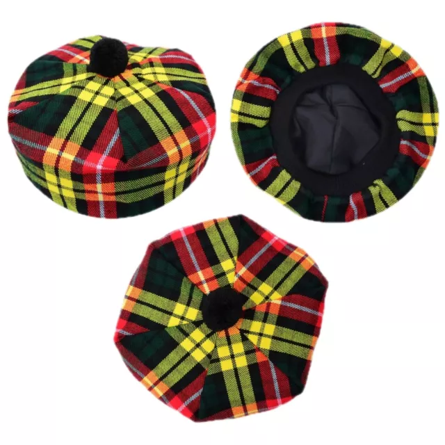 Scottish Traditional Tam O' Shanter Cap Buchanan-Tartan Tammy Hat with Pompom