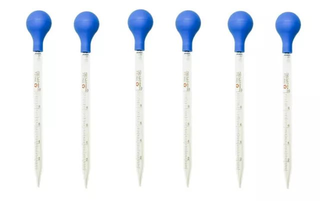 6Pk 10ml Glass Graduated Dropper Pipettes Lab Dropper with Red Rubber Cap&Scale