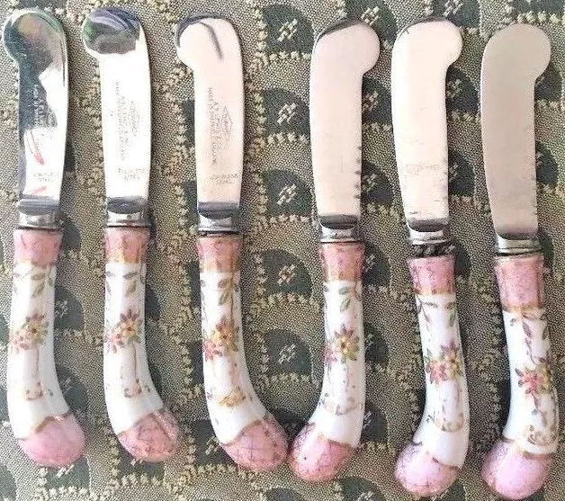 6 A E LEWIS Sheffield England Pink Porcelain Handle Stainless Spreaders/Knives