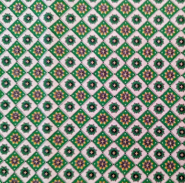 Vintage Green White Cotton Fabric Small Floral Diamond Pattern 1930's