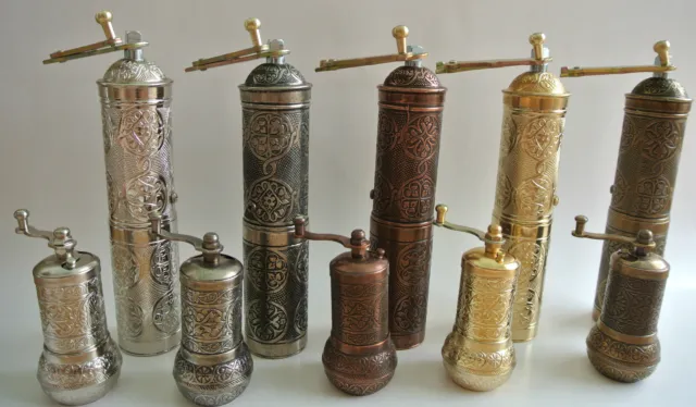 Turkish Grinder Set - Coffee & Pepper Grinders in Brass, Silver & Copper Colour