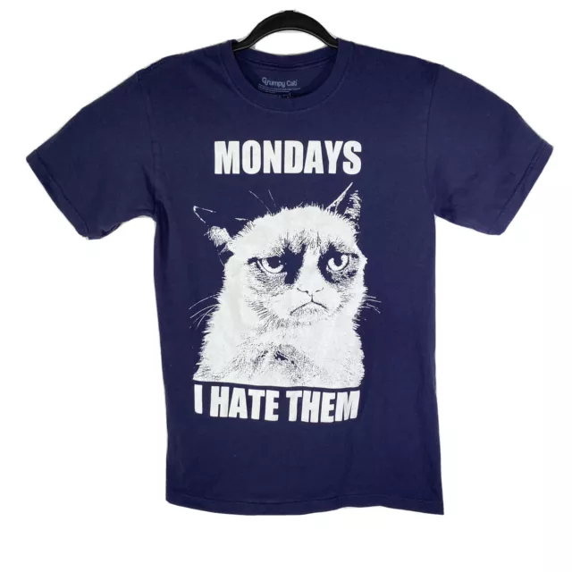 Grumpy Cat - Monday, I Hate Them -  Small Graphic T Shirt Navy Blue Short Sleeve