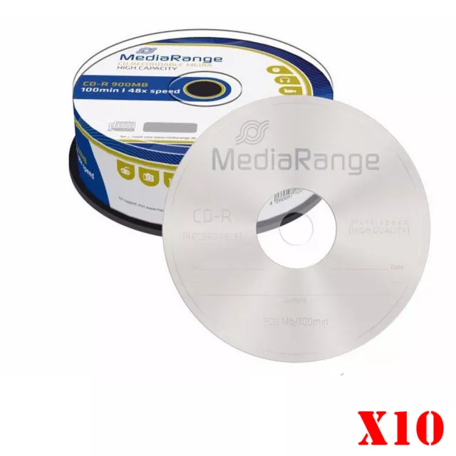 MediaRange Branded Blank CD R Discs 48x 900MB 100 Minutes CD-R MR222-Pack of 10