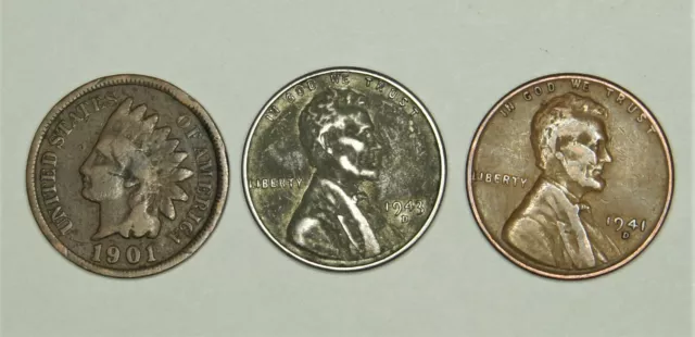 3 coin Penny Lot - Indian Head Penny, 1943 Steel Wheat Penny, Lincoln Wheat Cent