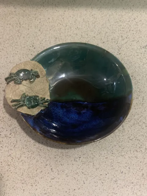 VTG Studio Art Pottery Bowl Applied Crabs Blue Green Glaze Signed Majolica