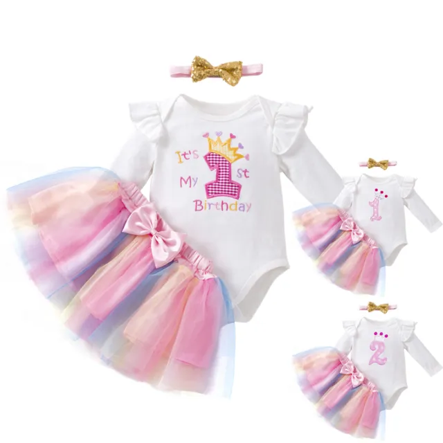 Toddler Baby Girls 1st 2nd Birthday Dress Up Outfits Romper Tops Tulle Skirt Set