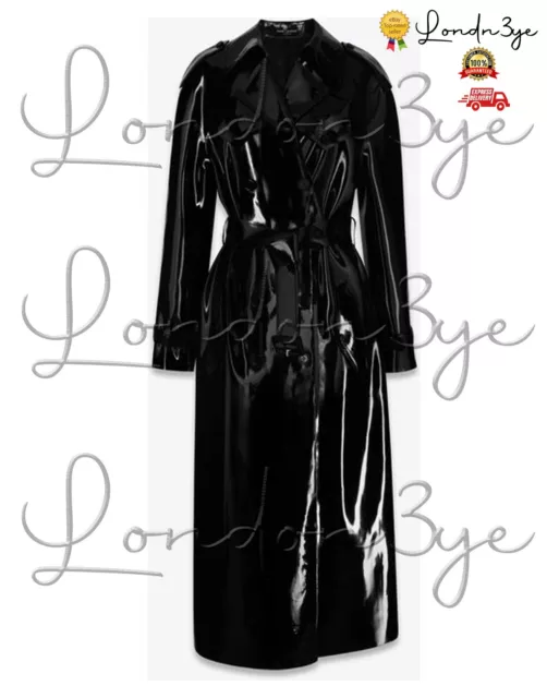 Women'S Trench Coat Pvc Black Hoodie Collar Rain Suit Vinyl Jacket 