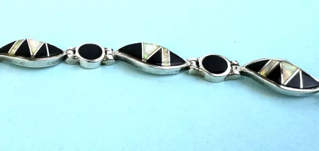 Gorgeous ANTIQUE 925 Silver with INLAY Opal & Onyx Bracelet, 7 Inches 3