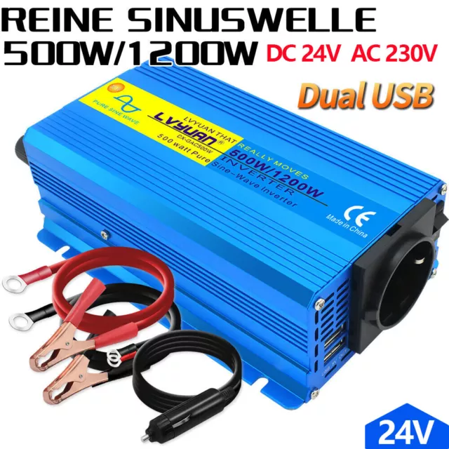 500W Reiner Sinus Spannungswandler 24V auf 230V Inverter Wechselrichter USB NEU