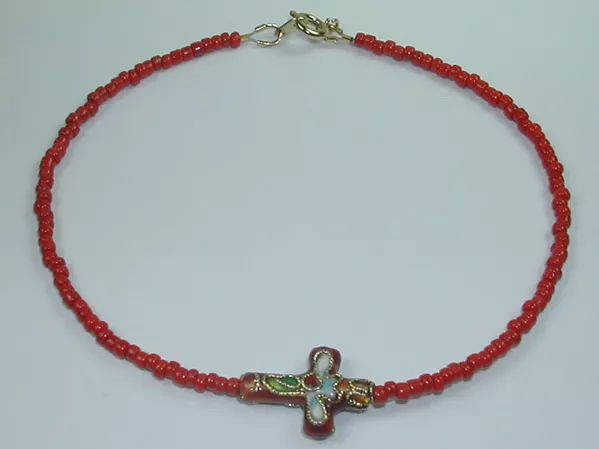 Anklet  Red  Beads Cloisonne Red Religious Cross Handcrafted Foot Ankle Jewelry